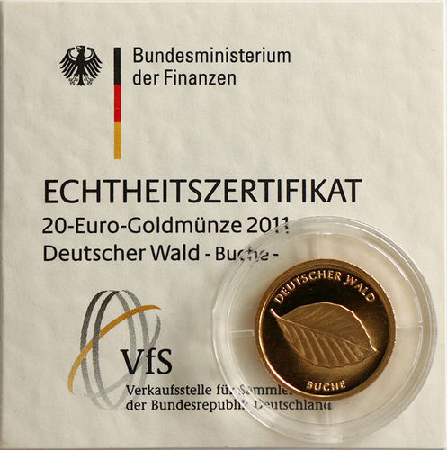 BRD 20 Euro Goldmünze Deutscher Wald Buche 2011 ST