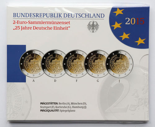 BRD 5 x 2 Euro Sammlermünzenset 25 Jahre Deutsche Einheit ADFGJ 2015 PP