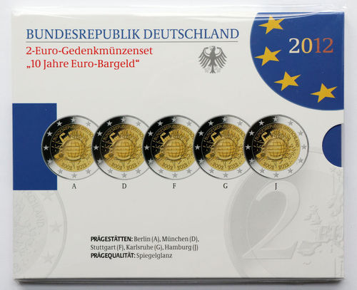 BRD 5 x 2 Euro Gedenkmünzenset 10 Jahre Euro-Bargeld ADFGJ 2012 PP