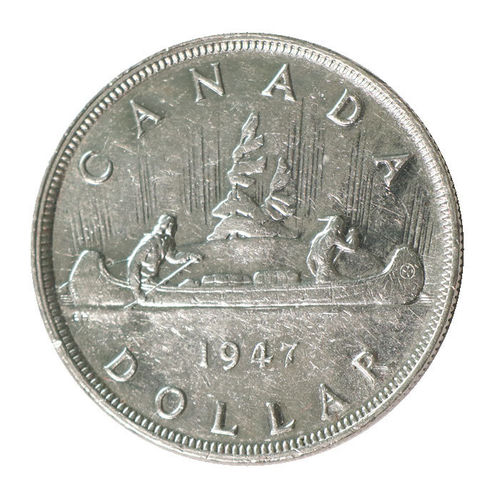 1 Dollar Canada 1947 blunt 7 Voyageur Indianer Kanu Georg VI. vz