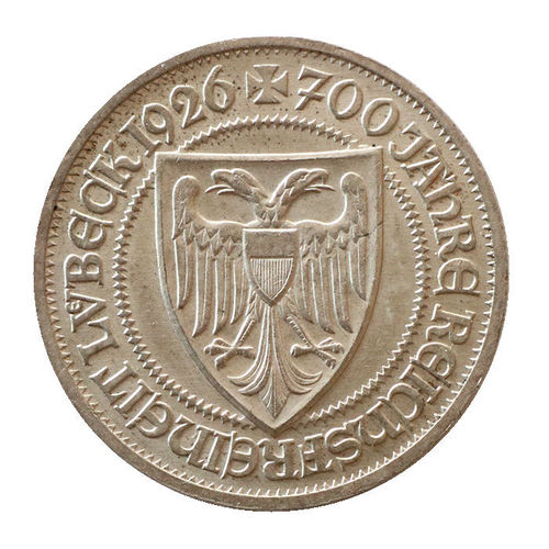 Jaeger 323 3 Reichsmark 700 Jahre Reichsfreiheit Lübeck 1926 A prfr-St