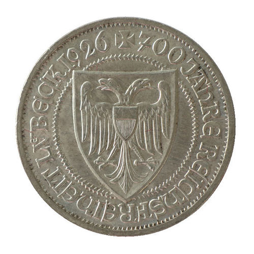 Jaeger 323 3 Reichsmark 700 Jahre Reichsfreiheit Lübeck 1926 A vz-prfr
