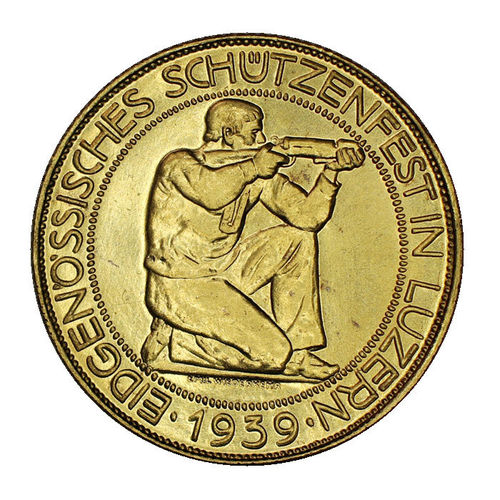 Schweiz 100 Franken Gold Schützentaler Luzern 1939 B prägefrisch