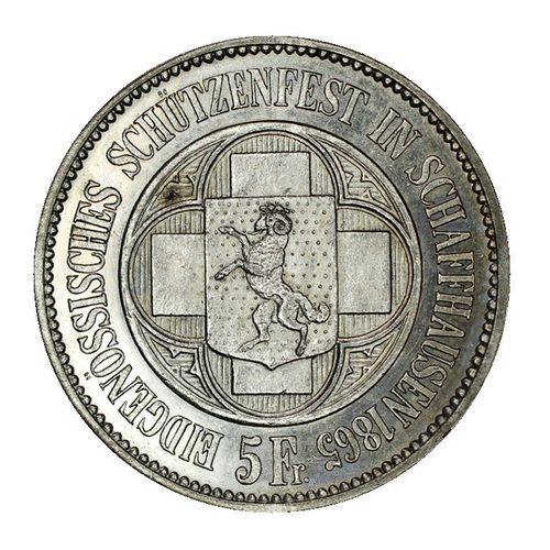 Schweiz 5 Franken Schützentaler Schaffhausen 1865 vz