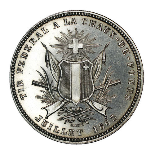Schweiz 5 Franken Schützentaler La Chaux-de-Fonds 1863  fast vz
