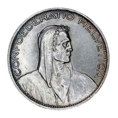 Schweiz 5 Franken Helvetia großer Alphirt 1925 B ss