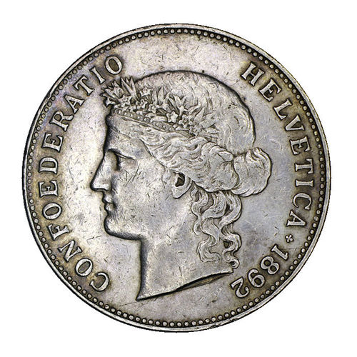 Schweiz 5 Franken Helvetia 1892 B ss