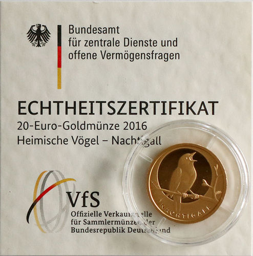 BRD 20 Euro Goldmünze Heimische Vögel Nachtigall 2016 ST in Sammelbox