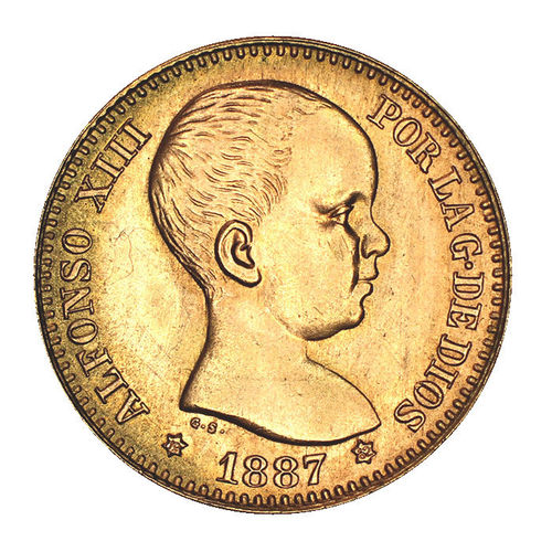 Spanien 20 Pesetas Gold Alfonso XIII. 1887 prägefrisch