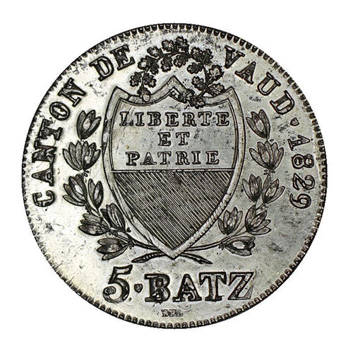 Schweiz 5 Batzen Silber Canton Vaud 1829 prfr