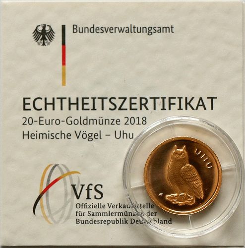 BRD 20 Euro Goldmünze Heimische Vögel Uhu 2018 ST