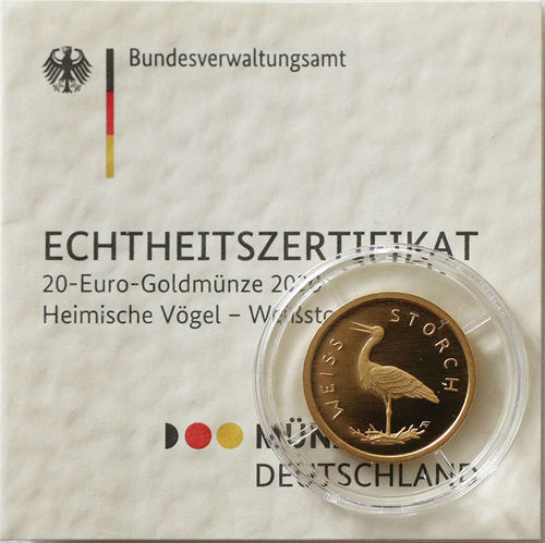 BRD 20 Euro Goldmünze Heimische Vögel Weißstorch 2020 ST