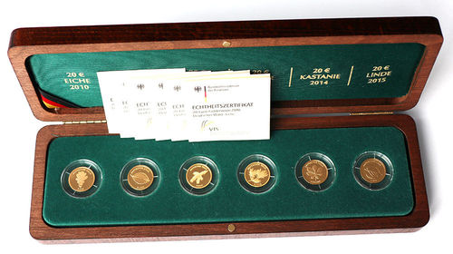 BRD 6 x 20 Euro Goldmünzen Deutscher Wald Serie in Holzbox