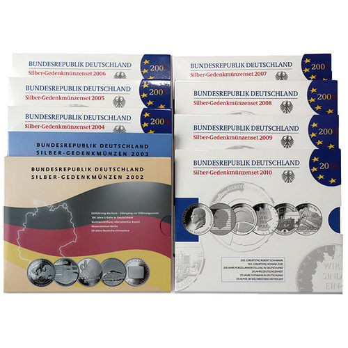BRD 50 x 10 Euro PP im Blister 9 Gedenkmünzensets Silber 2002-2010