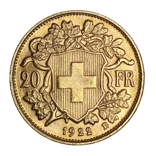 Schweiz 20 Franken Gold Vreneli 1922 B vz-St