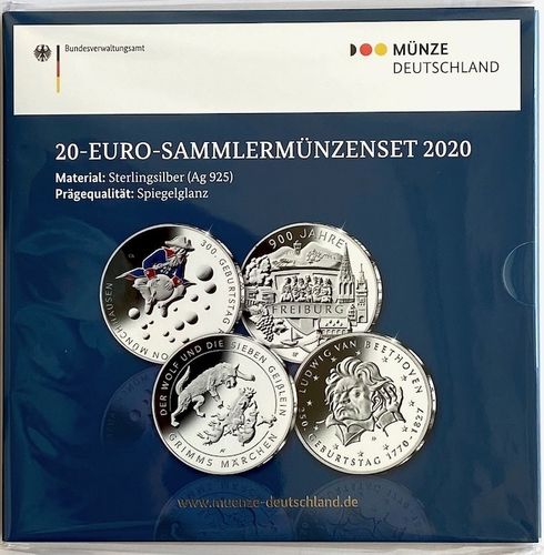 BRD 4 x 20 Euro Sammlermünzen-Set 2020 Spiegelglanz im Blister