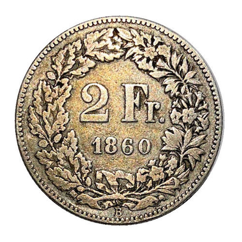 Schweiz 2 Franken Helvetia mit Schild 1860 B s-ss