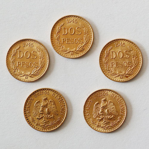 Mexiko 5 x Dos Pesos Gold 1945 bankfrisch Investorenpaket