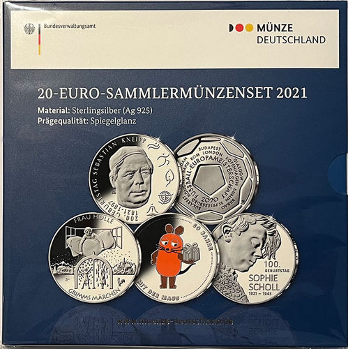 BRD 5 x 20 Euro Sammlermünzen-Set 2021 Spiegelglanz im Blister
