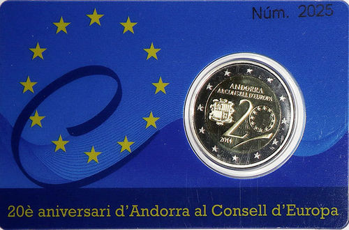 2 Euro Andorra 20 Jahre im Europarat Coincard 2014 PP in Box
