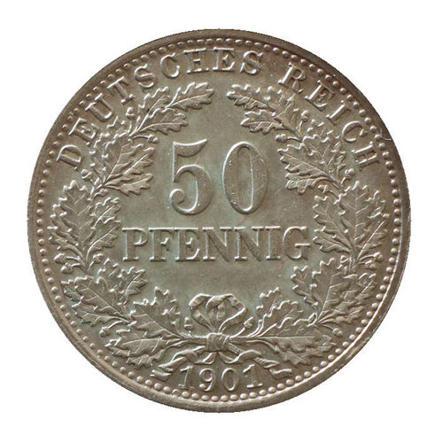 Jaeger 15 Kaiserreich 50 Pfennig Eichenkranz in Silber 1901 A prfr