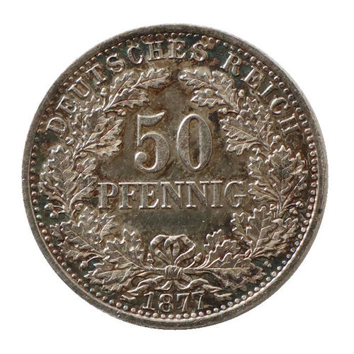 Jaeger 8 Kaiserreich 50 Pfennig Eichkranz Silber erster Typ 1877 B prfr