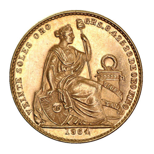 Peru 20 Soles Lima Gold Liberty 1964 vz-prfr