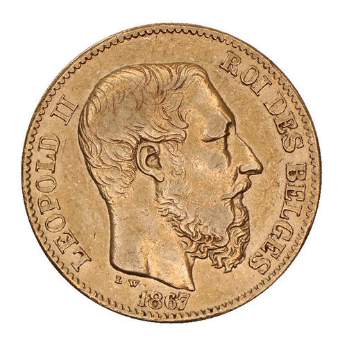 Belgien 20 Francs Gold König Leopold II. 1867 ss-vz
