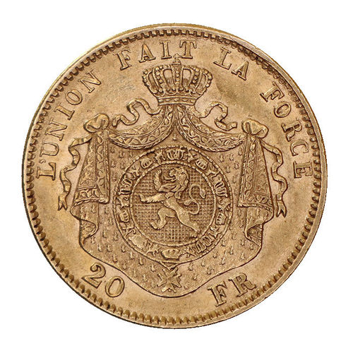 Belgien 20 Francs Gold König Leopold II. 1877 prfr